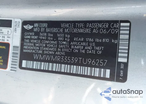 2009 Mini Cooper z USA, uszkodzony, nr VIN WMWMR33539TU96257